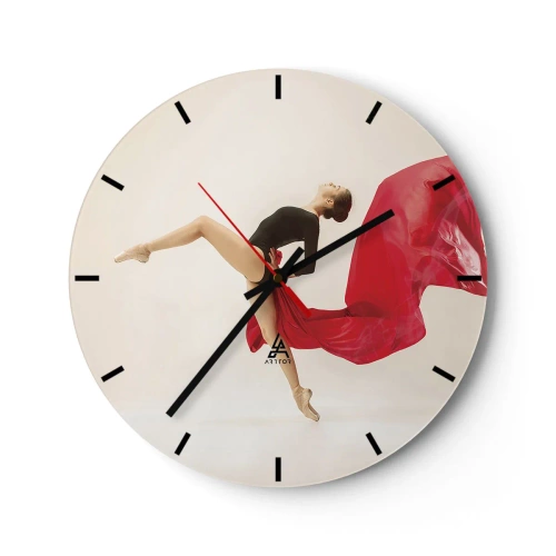 Reloj de pared - Reloj de vidrio - Una bailarina en una pose dinámica con tela roja. - 30x30cm - Rojo y negro - Decoración de pared moderna para salón, cocina y dormitorio ARTTOR