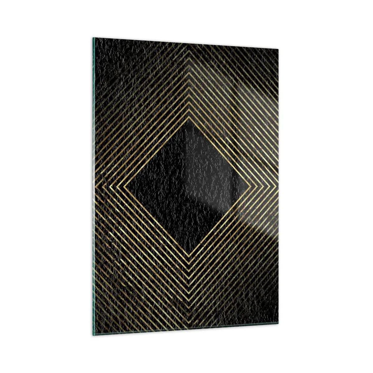 Cuadro sobre vidrio - Impresiones sobre Vidrio - Diamante dorado con líneas geométricas sobre fondo negro. - 50x70cm - Geometría al estilo glamour - Decoración de pared moderna para salón y dormitorio ARTTOR