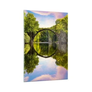 Cuadro sobre vidrio - Impresiones sobre Vidrio - Un puente de piedra sobre un río con un reflejo perfecto en el agua. - 70x100cm - En el punto de encuentro de dos mundos - Decoración de pared moderna para salón y dormitorio ARTTOR