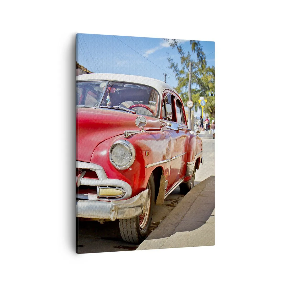 Cuadro sobre lienzo - Impresión de Imagen - Un coche clásico rojo aparcado en la calle en un día soleado. - 50x70cm - Solo en Cuba - Decoración de pared moderna para salón y dormitorio ARTTOR