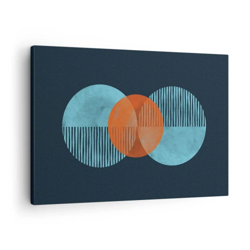 Cuadro sobre lienzo - Impresión de Imagen - Círculos geométricos en tonos azules y naranjas. - 70x50cm - Composición simétrica - Decoración de pared moderna para salón y dormitorio ARTTOR