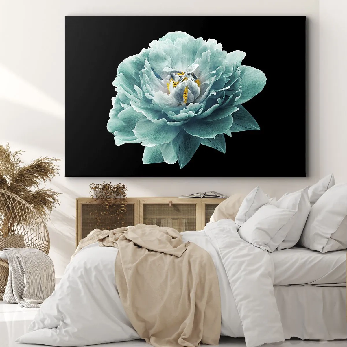 Cuadro sobre lienzo - Impresión de Imagen - Flor de peonía turquesa sobre fondo negro - 100x70cm - Pétalos azules y dorados - Decoración de pared moderna para salón y dormitorio ARTTOR