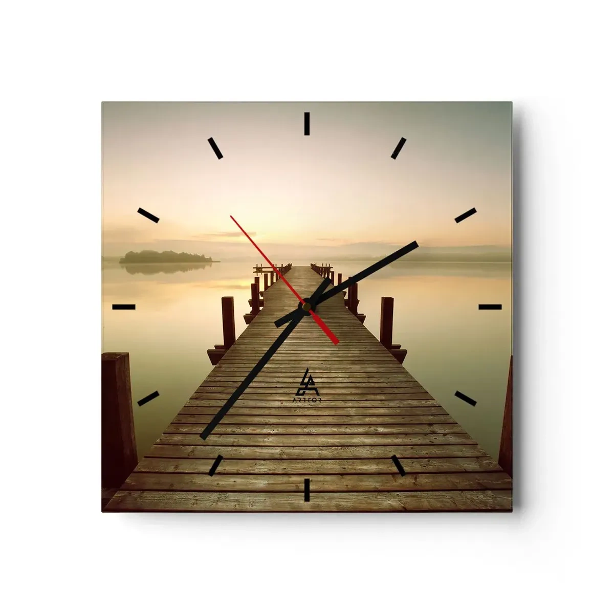 Reloj de pared - Reloj de vidrio - Un embarcadero de madera en un lago tranquilo por la mañana. - 30x30cm - Antes del amanecer, al amanecer, la luz - Decoración de pared moderna para salón y dormitorio ARTTOR