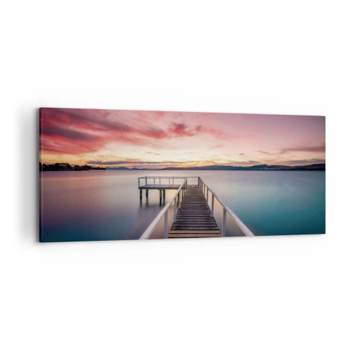 Cuadro sobre lienzo - Impresión de Imagen - Un embarcadero que conduce a un lago tranquilo al atardecer. - 120x50cm - La suave llama del atardecer - Decoración de pared moderna para salón y dormitorio ARTTOR