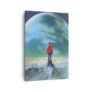 Cuadro sobre lienzo - Impresión de Imagen - Un hombre con una chaqueta roja de pie frente a un gran planeta con estrellas en el fondo. - 70x100cm - Descubridor de una nueva Tierra - Decoración de pared moderna para salón y dormitorio ARTTOR