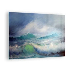 Cuadro sobre vidrio - Impresiones sobre Vidrio - Olas agitadas del océano con pájaros en un cielo nublado - 70x50cm - La fuerza del viento - Decoración de pared moderna para salón y dormitorio ARTTOR
