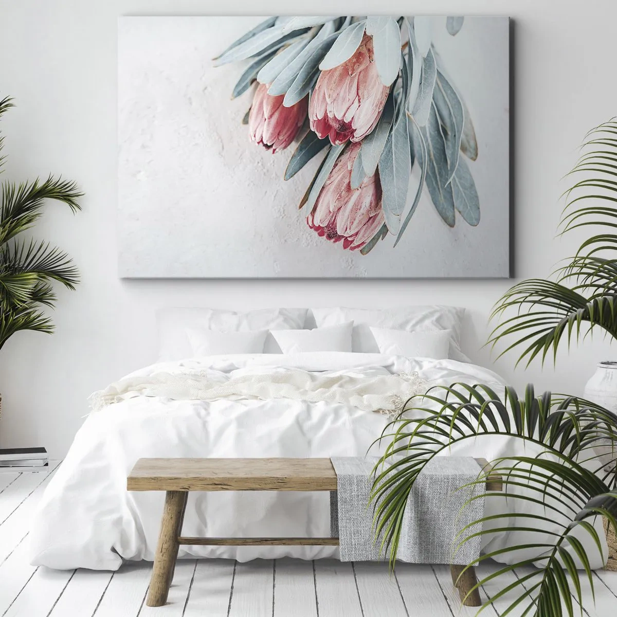 Cuadro sobre lienzo - Impresión de Imagen - Sutiles flores de protea rosa sobre un fondo claro. - 100x70cm - Avergonzada de su propia belleza - Decoración de pared moderna para salón y dormitorio ARTTOR
