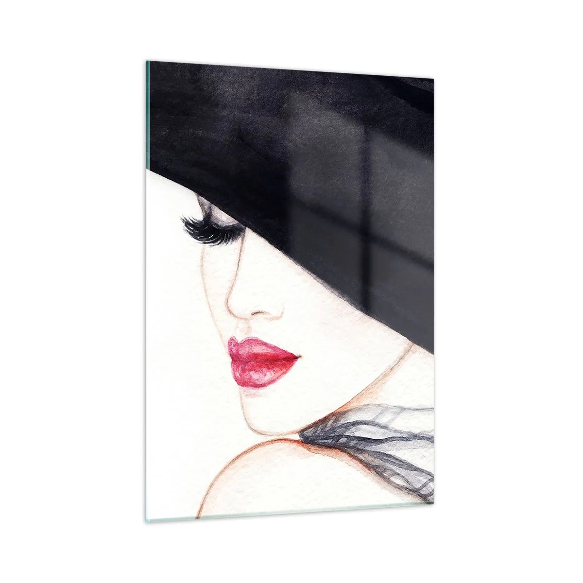 Cuadro sobre vidrio - Impresiones sobre Vidrio - Un retrato sutil de una mujer con sombrero y labios rojos. - 50x70cm - Elegancia y sensualidad - Decoración de pared moderna para salón y dormitorio ARTTOR