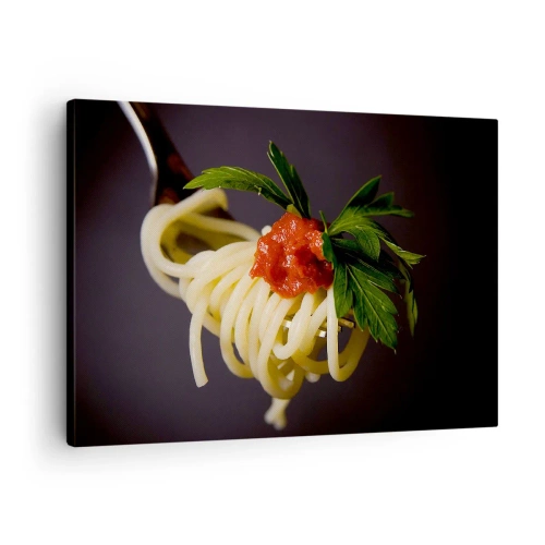 Cuadro sobre lienzo - Impresión de Imagen - Pasta espaguetis al tenedor con salsa de tomate y perejil - 70x50cm - Un sabroso bocado - Decoración de pared moderna para salón y dormitorio ARTTOR
