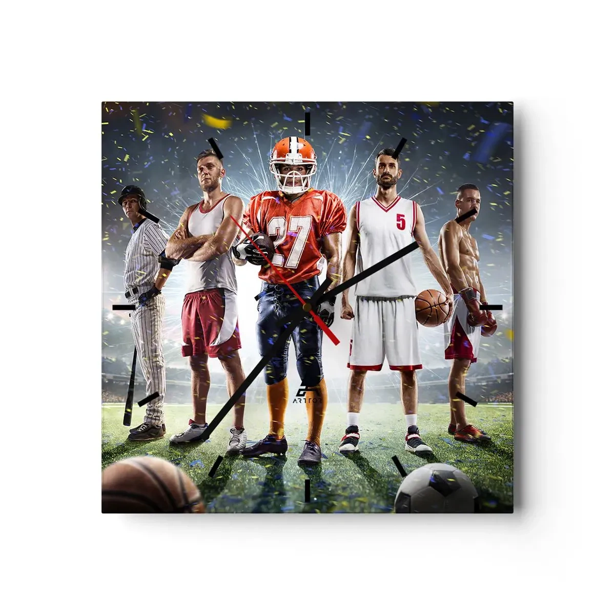 Reloj de pared - Reloj de vidrio - Una escena dinámica de atletas de diversas disciplinas en el estadio bajo los focos. - 30x30cm - Gladiadores sobre los terrenos de juego - Decoración de pared moderna para salón y dormitorio ARTTOR
