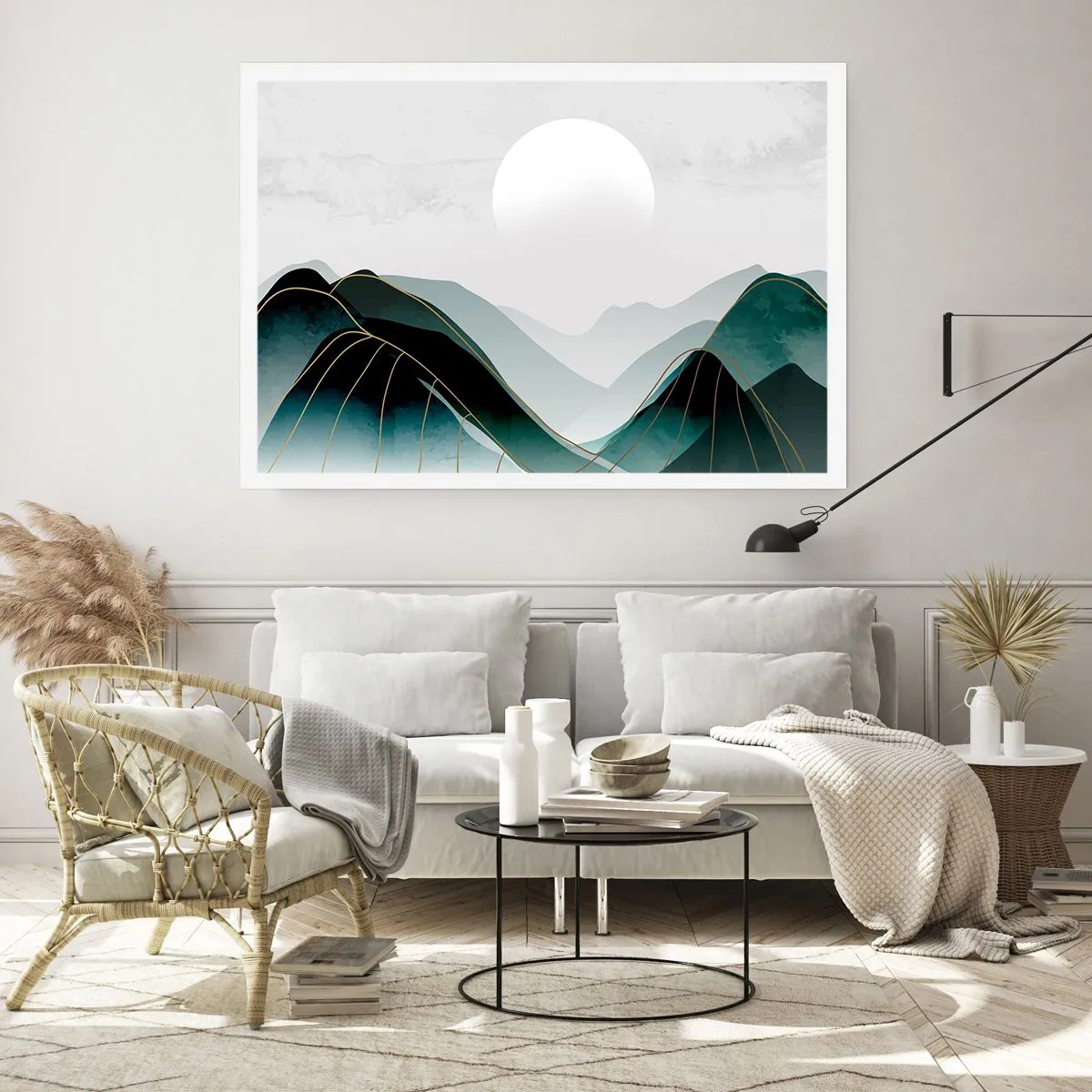 Póster - Paisaje montañoso abstracto con la luna y líneas doradas. - 100x70cm - Con toda la majestuosidad - Decoración de pared moderna para salón y dormitorio ARTTOR