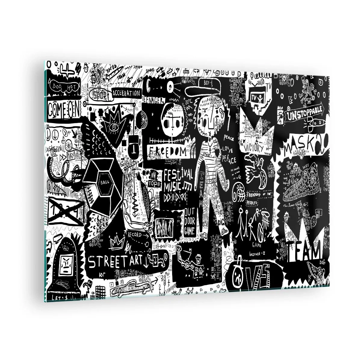 Cuadro sobre vidrio - Impresiones sobre Vidrio - Gráficos de estilo arte callejero en blanco y negro con personajes y símbolos. - 70x50cm - La juventud espiritual de la ley y la alegría - Decoración de pared moderna para salón y dormitorio ARTTOR