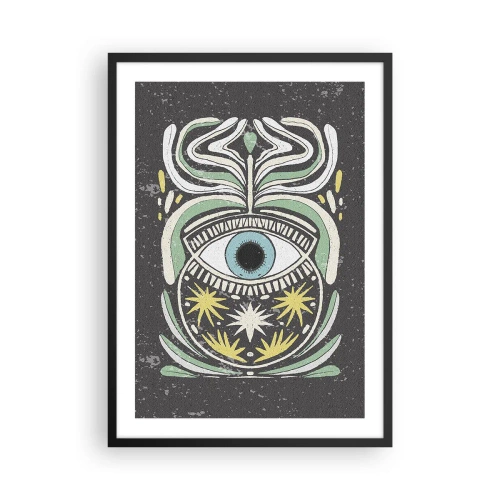 Póster en marco negro - Un ojo simbólico rodeado de patrones vegetales sobre un fondo oscuro. - 50x70cm - Rituales tribales - Decoración de pared moderna para salón y dormitorio ARTTOR