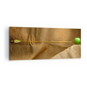 Cuadro sobre lienzo - Impresión de Imagen - Manzana verde sobre tela con una flecha creando una composición - 120x50cm - Evocar el espíritu de Wilhelm Tell - Decoración de pared moderna para salón y dormitorio ARTTOR
