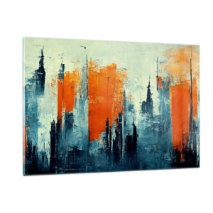 Cuadro sobre vidrio - Impresiones sobre Vidrio - Un panorama urbano moderno en tonos grises y naranjas. - 120x80cm - Paisaje moderno - Decoración de pared moderna para salón y dormitorio ARTTOR