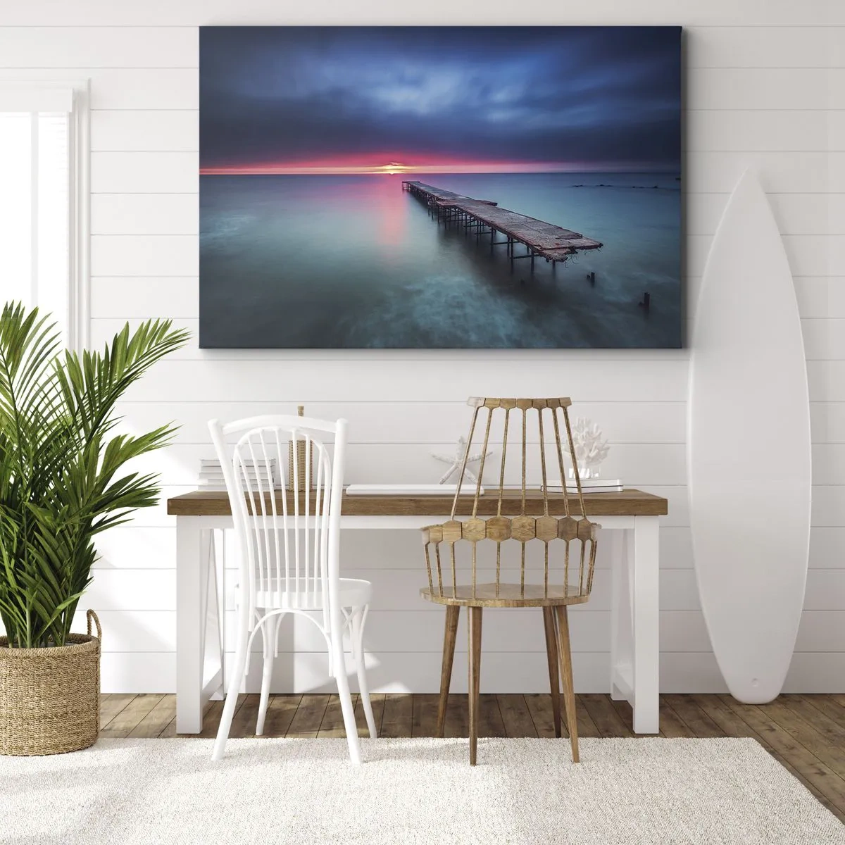 Cuadro sobre lienzo - Impresión de Imagen - Un muelle de madera que conduce directamente al mar al atardecer. - 70x50cm - Entre el cielo y el agua - Decoración de pared moderna para salón y dormitorio ARTTOR