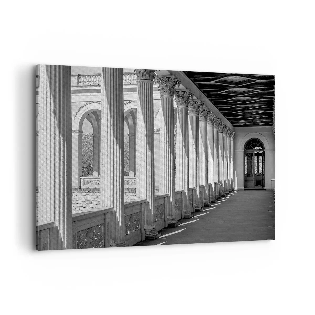 Cuadro sobre lienzo - Impresión de Imagen - Columnata de estilo clásico en blanco y negro - 120x80cm - Galería soleada - Decoración de pared moderna para salón y dormitorio ARTTOR