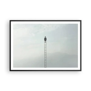 Póster en marco negro - Un hombre en una escalera que sube hacia el cielo. - 100x70cm - Hacia lo más alto - Decoración de pared moderna para salón y dormitorio ARTTOR