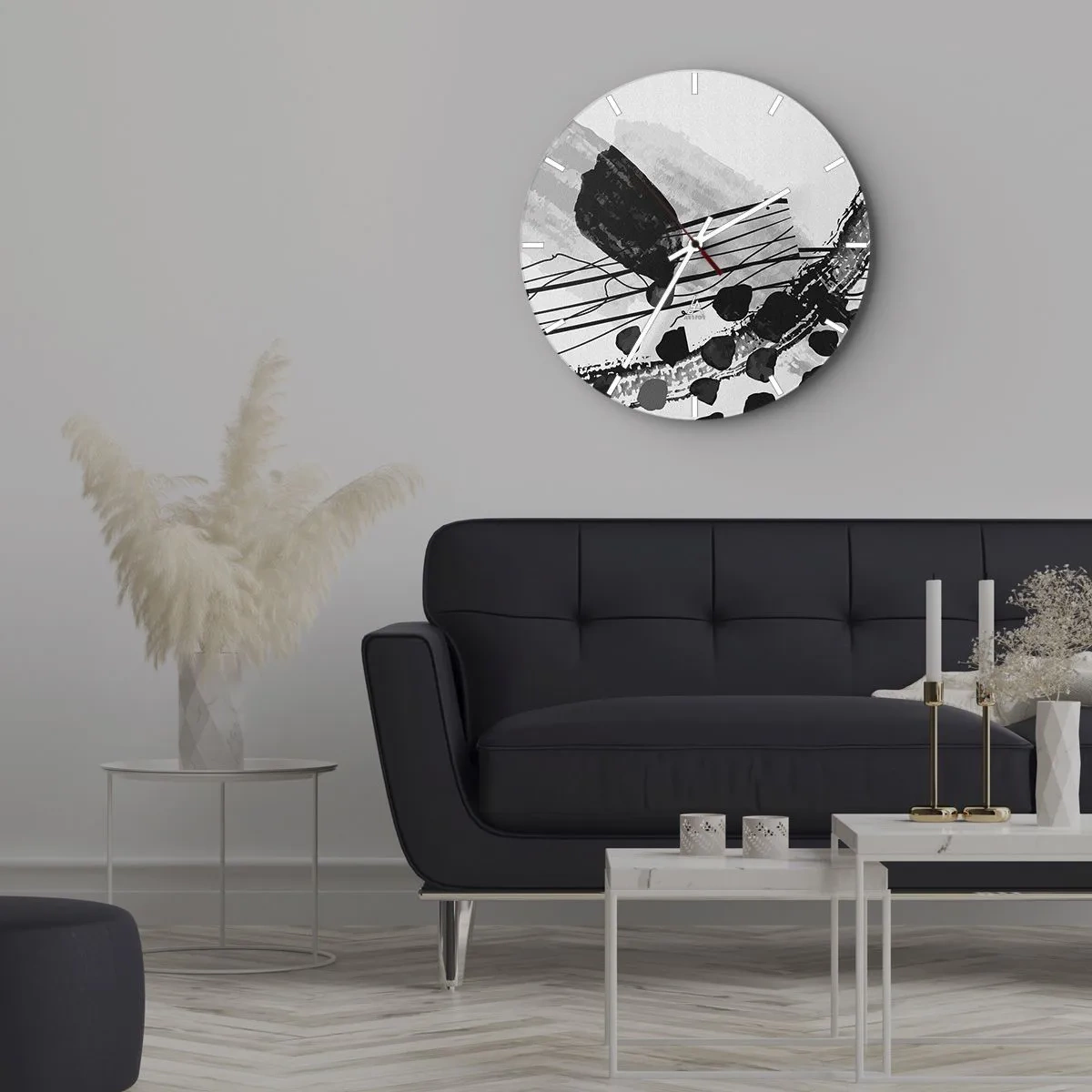 Reloj de pared - Reloj de vidrio - Formas y líneas abstractas en blanco y negro sobre un fondo claro - 30x30cm - Abstracción orgánica en blanco y negro - Decoración de pared moderna para salón, cocina y dormitorio ARTTOR