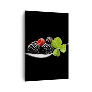 Cuadro sobre lienzo - Impresión de Imagen - Moras y frambuesas en una cuchara con una hoja sobre un fondo negro. - 70x100cm - El sabor de la frescura - Decoración de pared moderna para salón y dormitorio ARTTOR