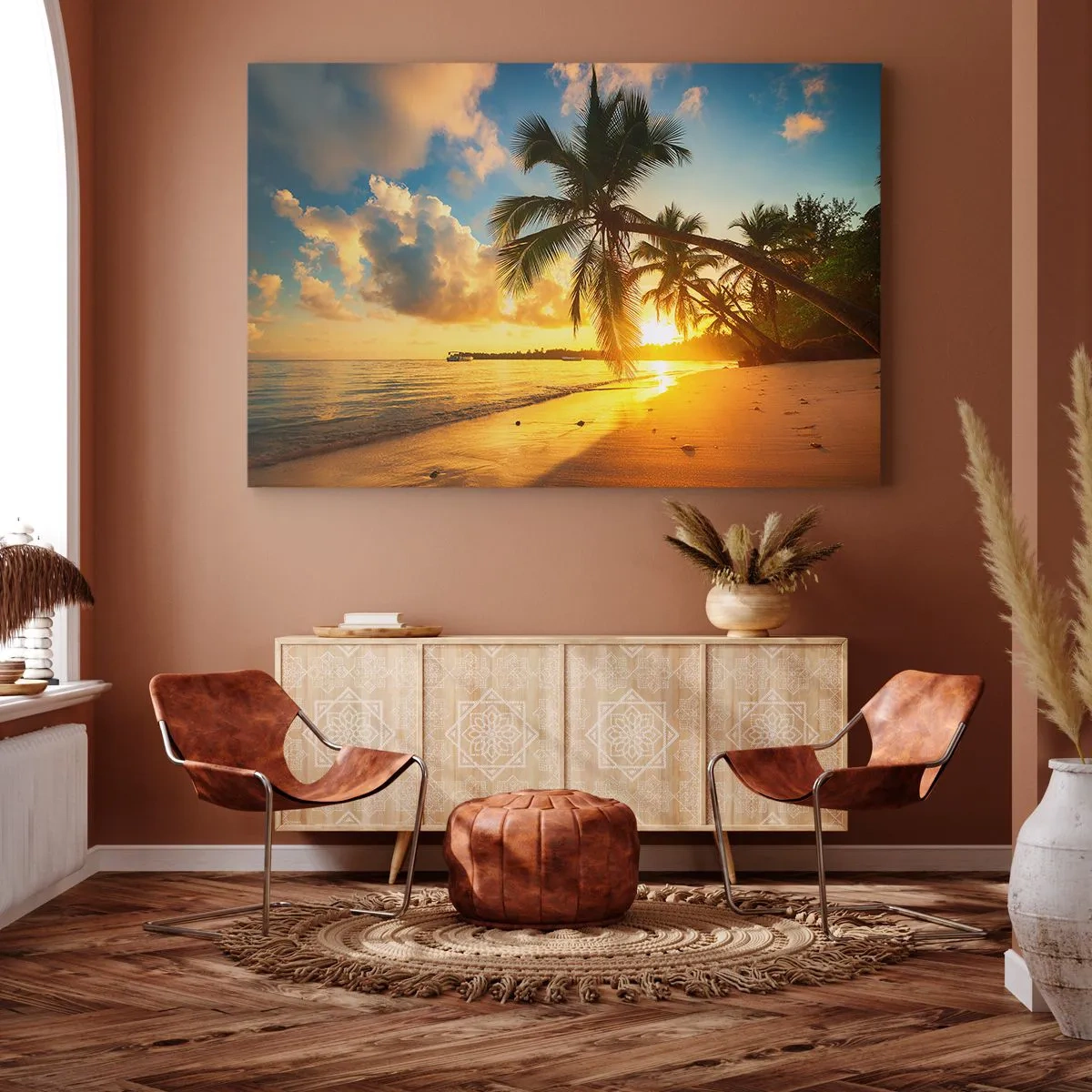 Cuadro sobre lienzo - Impresión de Imagen - Playa al atardecer con palmeras en la orilla del mar - 120x80cm - Un sueño caribeño - Decoración de pared moderna para salón y dormitorio ARTTOR
