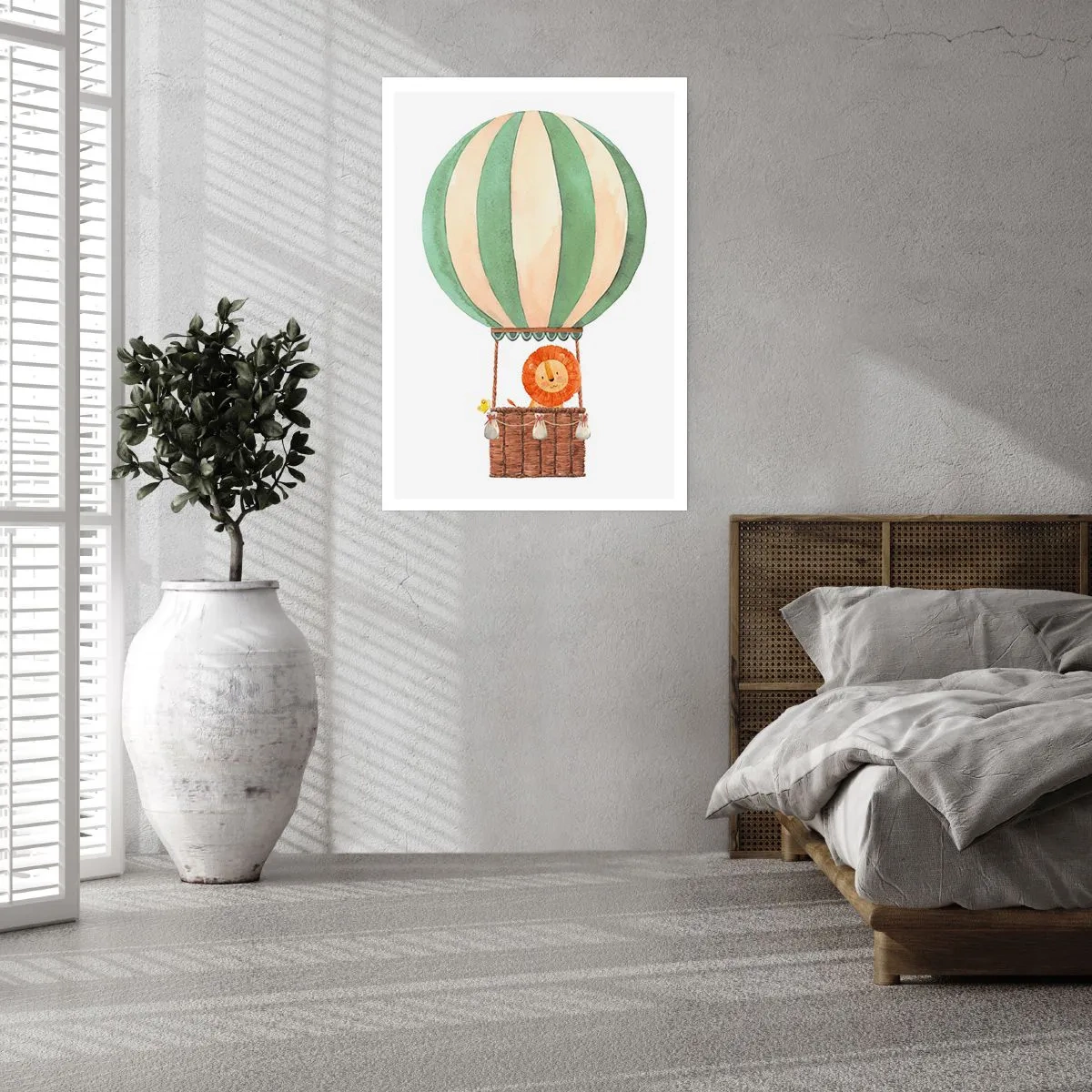 Póster - Una hermosa ilustración en acuarela de un león viajando en un globo aerostático sobre un fondo blanco. - 50x70cm - Los viajes del león - Decoración de pared moderna para salón y dormitorio ARTTOR