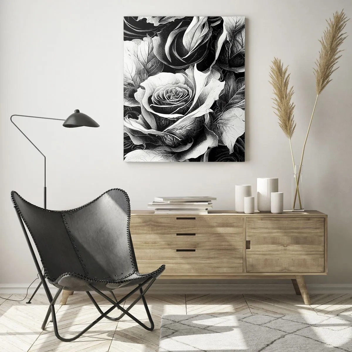 Cuadro sobre vidrio - Impresiones sobre Vidrio - Arreglo floral de rosas blancas y negras con detalles. - 50x70cm - Siempre como una reina - Decoración de pared moderna para salón y dormitorio ARTTOR