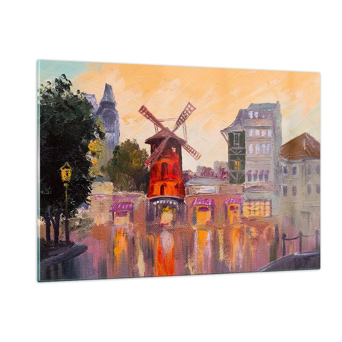 Cuadro sobre vidrio - Impresiones sobre Vidrio - El molino rojo del Moulin Rouge entre las casas de vecindad parisinas - 120x80cm - Iconos parisinos - Moulin Rouge - Decoración de pared moderna para salón y dormitorio ARTTOR