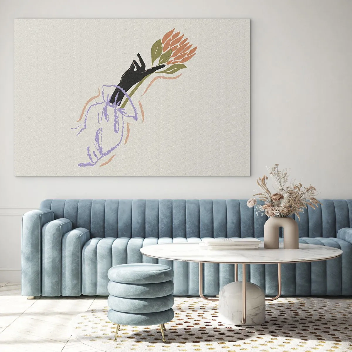 Cuadro sobre vidrio - Impresiones sobre Vidrio - Una mano estilizada con un ramo de flores dibujado con líneas pastel. - 100x70cm - Un toque fraternal - Decoración de pared moderna para salón y dormitorio ARTTOR