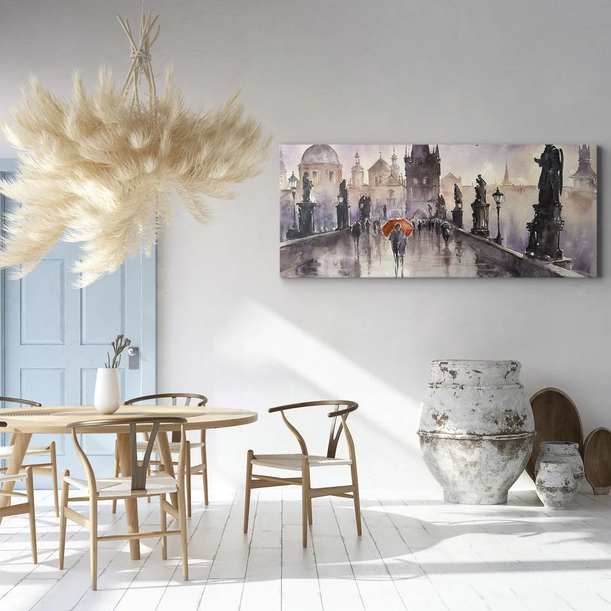 Cuadro sobre lienzo - Impresión de Imagen - Vista romántica de un puente con un paraguas con el telón de fondo de una ciudad al atardecer. - 160x50cm - La gente no cambia - Decoración de pared moderna para salón y dormitorio ARTTOR