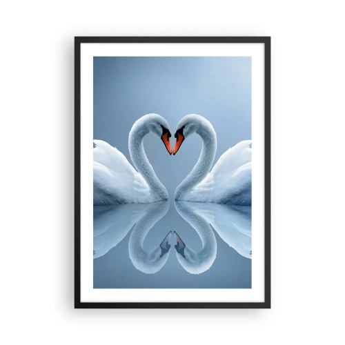 Póster en marco negro - Cisnes en forma de corazón contra el cielo - 50x70cm - Tiempo de amor - Decoración de pared moderna para salón y dormitorio ARTTOR