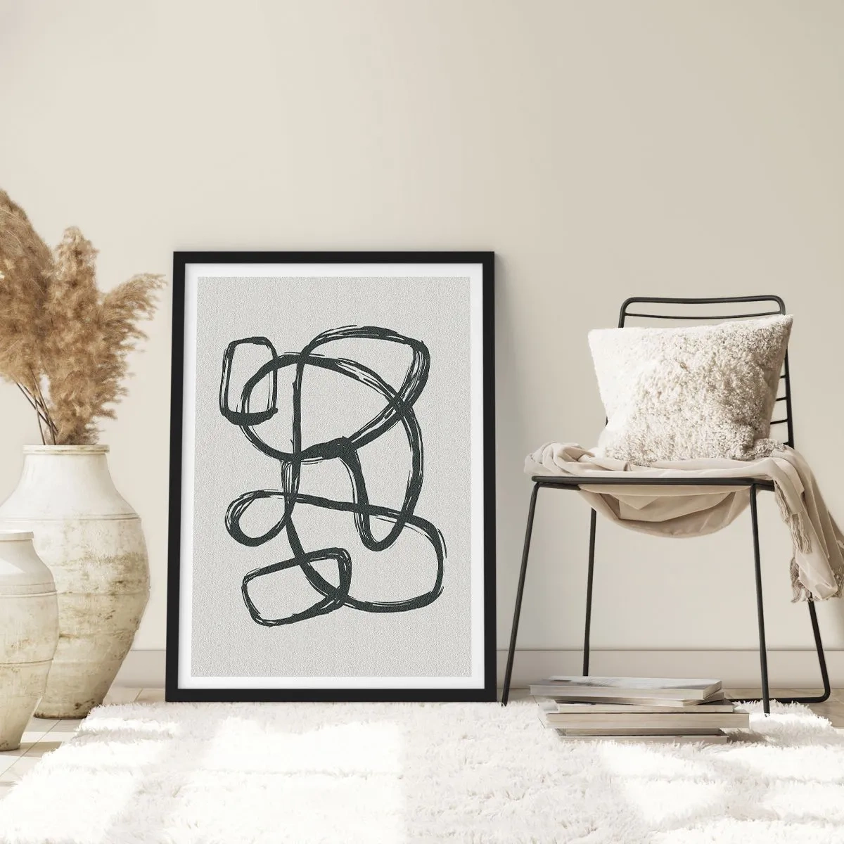 Póster en marco negro - Línea negra abstracta sobre un fondo claro - 50x70cm - Abstracción en bucle - Decoración de pared moderna para salón y dormitorio ARTTOR