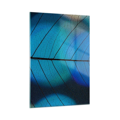 Cuadro sobre vidrio - Impresiones sobre Vidrio - Un primer plano de una hoja azul que muestra la estructura de las nervaduras. - 50x70cm - Construcción intrincada - Decoración de pared moderna para salón y dormitorio ARTTOR