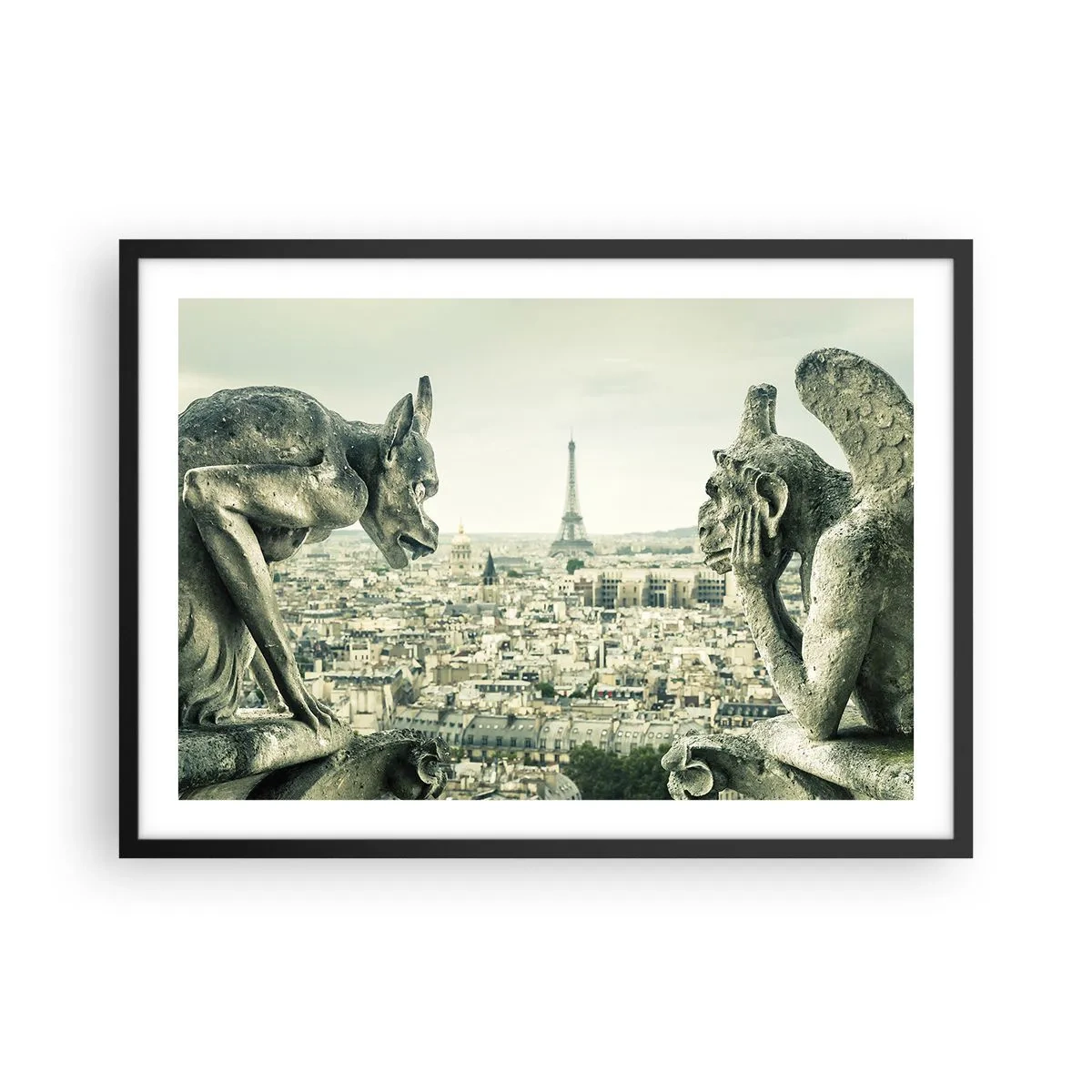 Póster en marco negro - Gárgolas con vistas al horizonte de París y a la Torre Eiffel - 70x50cm - Charlas parisinas - Decoración de pared moderna para salón y dormitorio ARTTOR