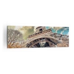 Cuadro sobre lienzo - Impresión de Imagen - La Torre Eiffel desde abajo en un entorno otoñal - 160x50cm - Y en París, en otoño... - Decoración de pared moderna para salón y dormitorio ARTTOR