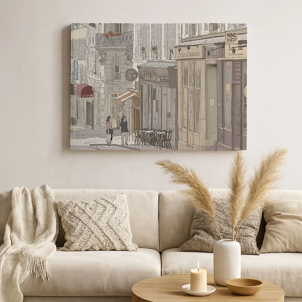 Cuadro sobre lienzo - Impresión de Imagen - Ilustración de una calle de la ciudad con cafés y tiendas. - 70x50cm - Alegrías urbanas - Decoración de pared moderna para salón y dormitorio ARTTOR