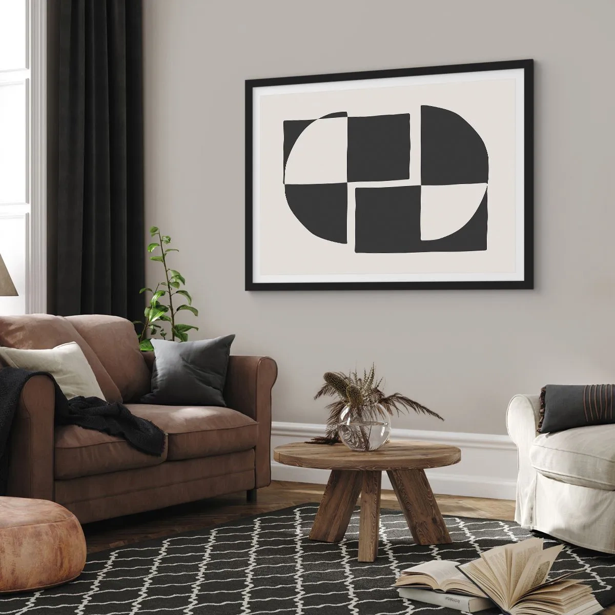 Póster en marco negro - Formas geométricas abstractas en blanco y negro - 100x70cm - Antítesis - síntesis - Decoración de pared moderna para salón y dormitorio ARTTOR