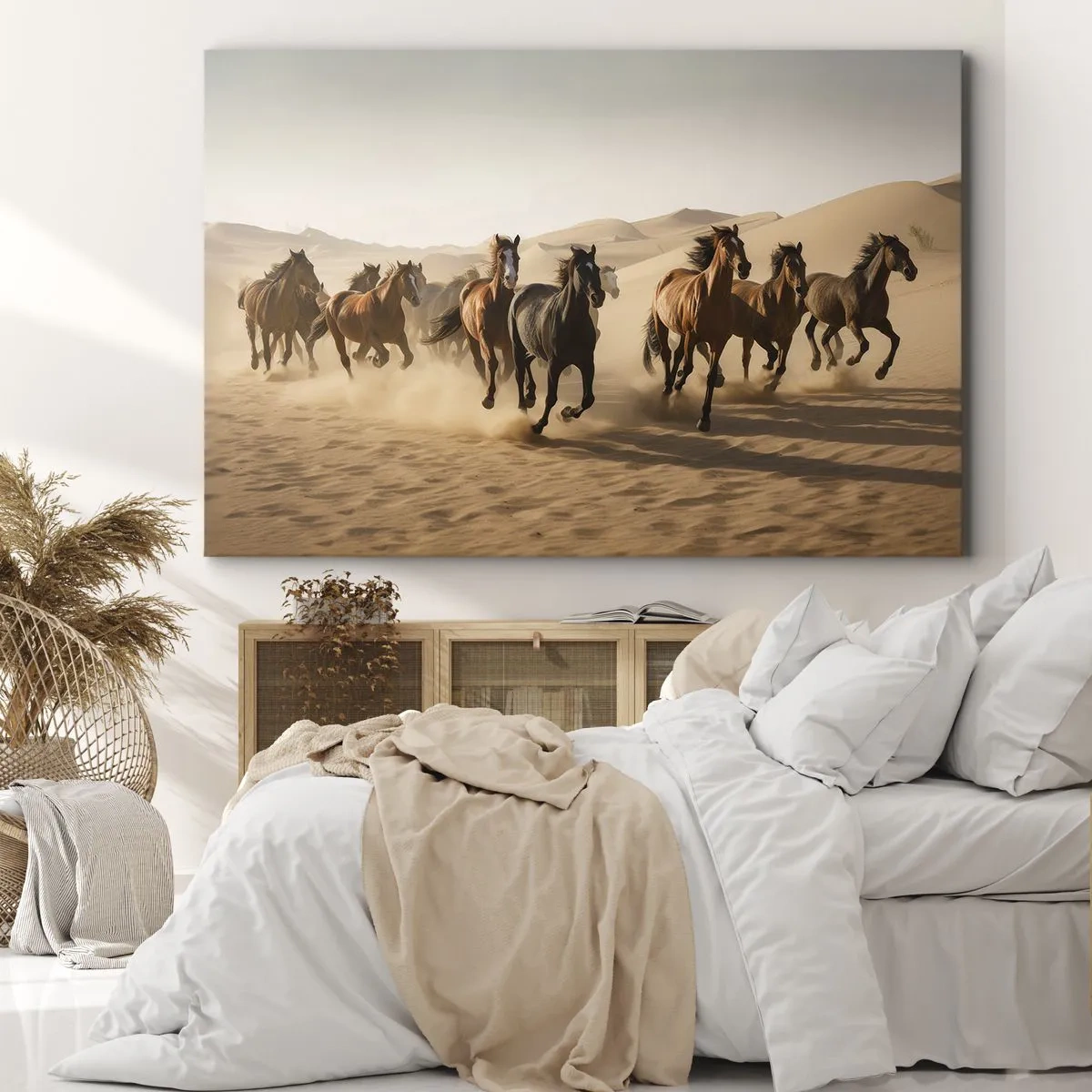Cuadro sobre lienzo - Impresión de Imagen - Caballos al galope contra un fondo desértico - 100x70cm - Libre como el viento - Decoración de pared moderna para salón y dormitorio ARTTOR