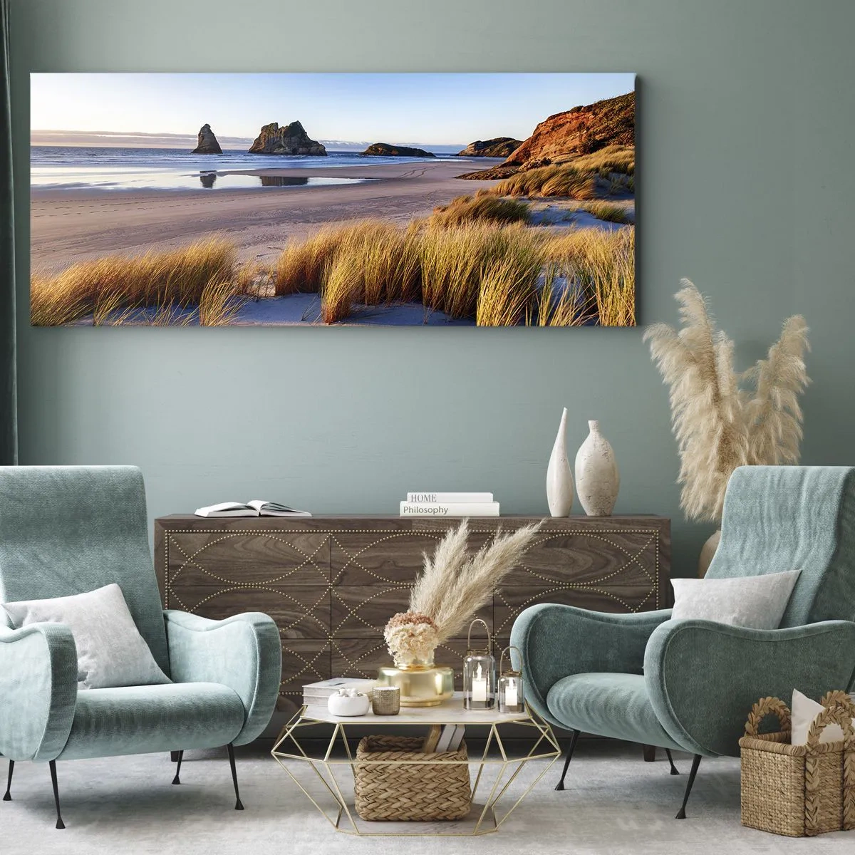Cuadro sobre lienzo - Impresión de Imagen - Una playa pintoresca con vistas a las rocas y al mar al atardecer. - 120x50cm - Para buscadores de tranquilidad - Decoración de pared moderna para salón y dormitorio ARTTOR