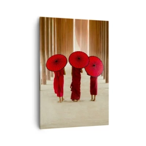 Cuadro sobre lienzo - Impresión de Imagen - Tres monjes con paraguas rojos en la arquitectura tradicional - 70x100cm - En el camino a la Tierra Pura - Decoración de pared moderna para salón y dormitorio ARTTOR