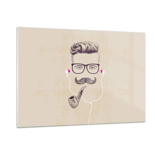 Cuadro sobre vidrio - Impresiones sobre Vidrio - Un dibujo de un hombre estilizado con gafas, bigote y pipa. - 120x80cm - Moda masculina - Decoración de pared moderna para salón y dormitorio ARTTOR