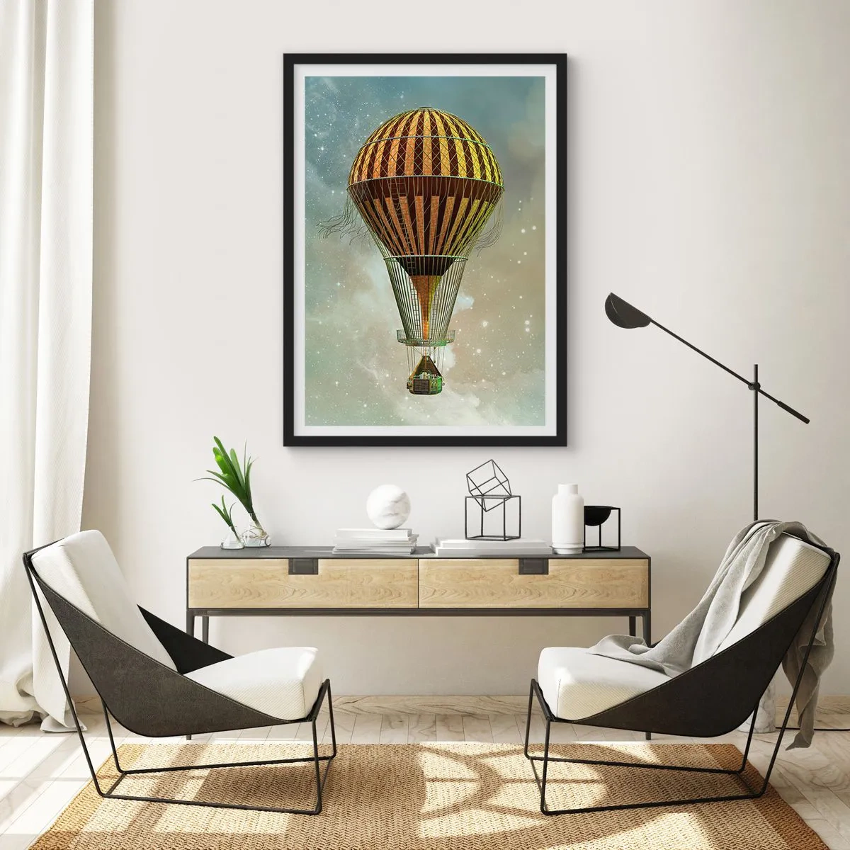Póster en marco negro - Un globo dorado flotando en el espacio exterior. - 50x70cm - Vuelos pioneros - Decoración de pared moderna para salón y dormitorio ARTTOR