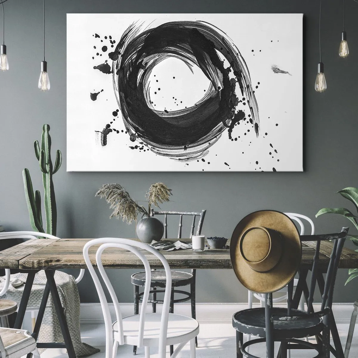 Cuadro sobre lienzo - Impresión de Imagen - Abstracción negra en forma de círculo sobre fondo blanco. - 70x50cm - El torbellino de la creación - Decoración de pared moderna para salón y dormitorio ARTTOR