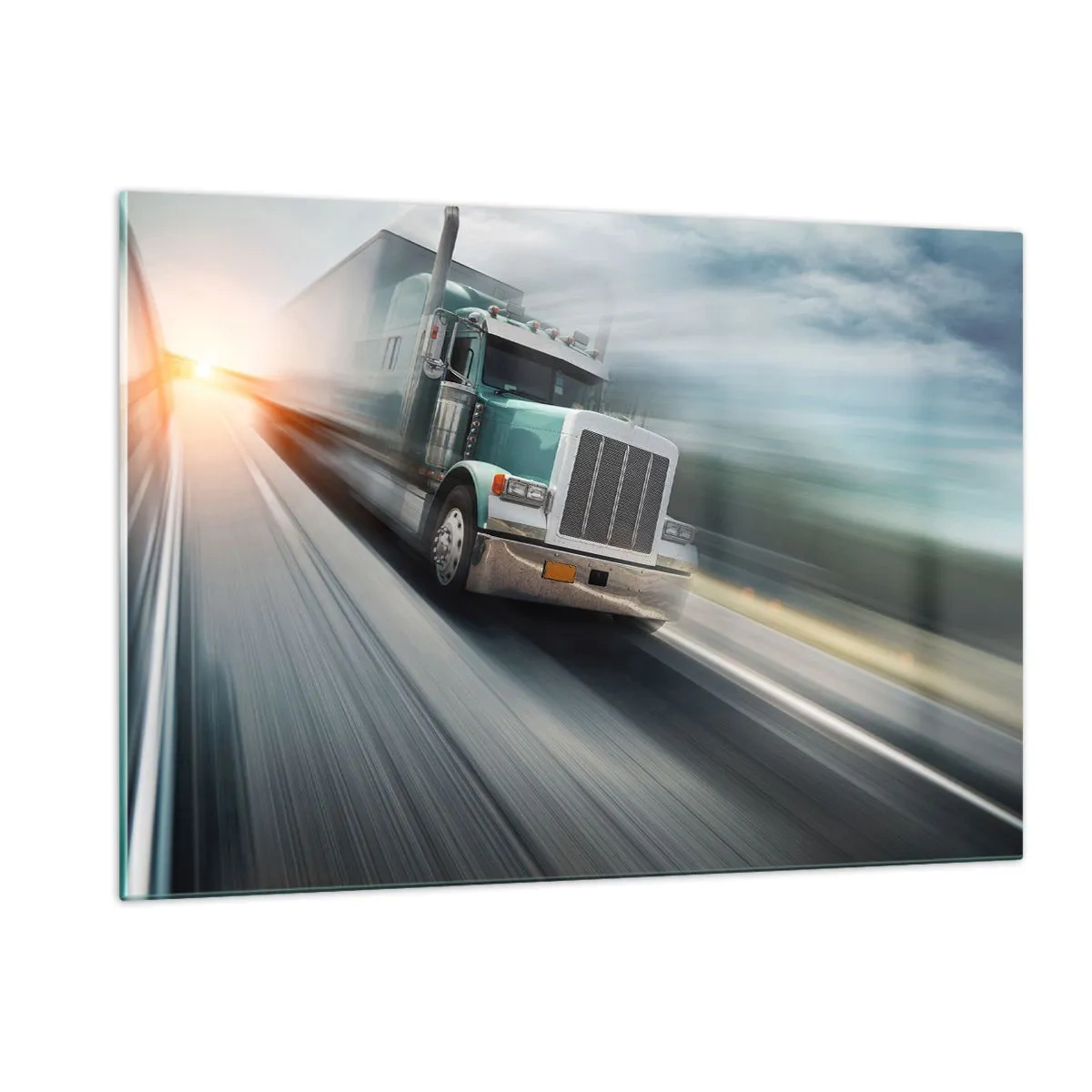 Cuadro sobre vidrio - Impresiones sobre Vidrio - Camión en la carretera al atardecer - 120x80cm - Un gigante norteamericano en apuros - Decoración de pared moderna para salón y dormitorio ARTTOR