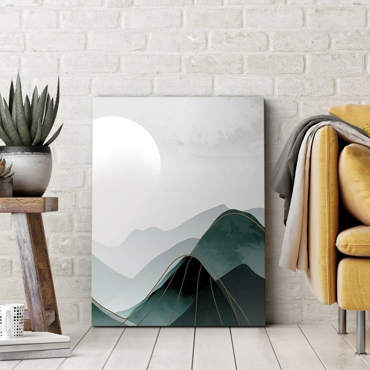 Cuadro sobre lienzo - Impresión de Imagen - Paisaje montañoso abstracto con la luna y líneas doradas. - 50x70cm - Con toda la majestuosidad - Decoración de pared moderna para salón y dormitorio ARTTOR