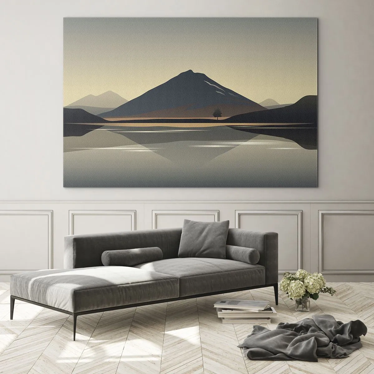 Cuadro sobre vidrio - Impresiones sobre Vidrio - Montañas y lago en tonos cálidos con efecto reflectante. - 70x50cm - Reflejo de espejo - Decoración de pared moderna para salón y dormitorio ARTTOR