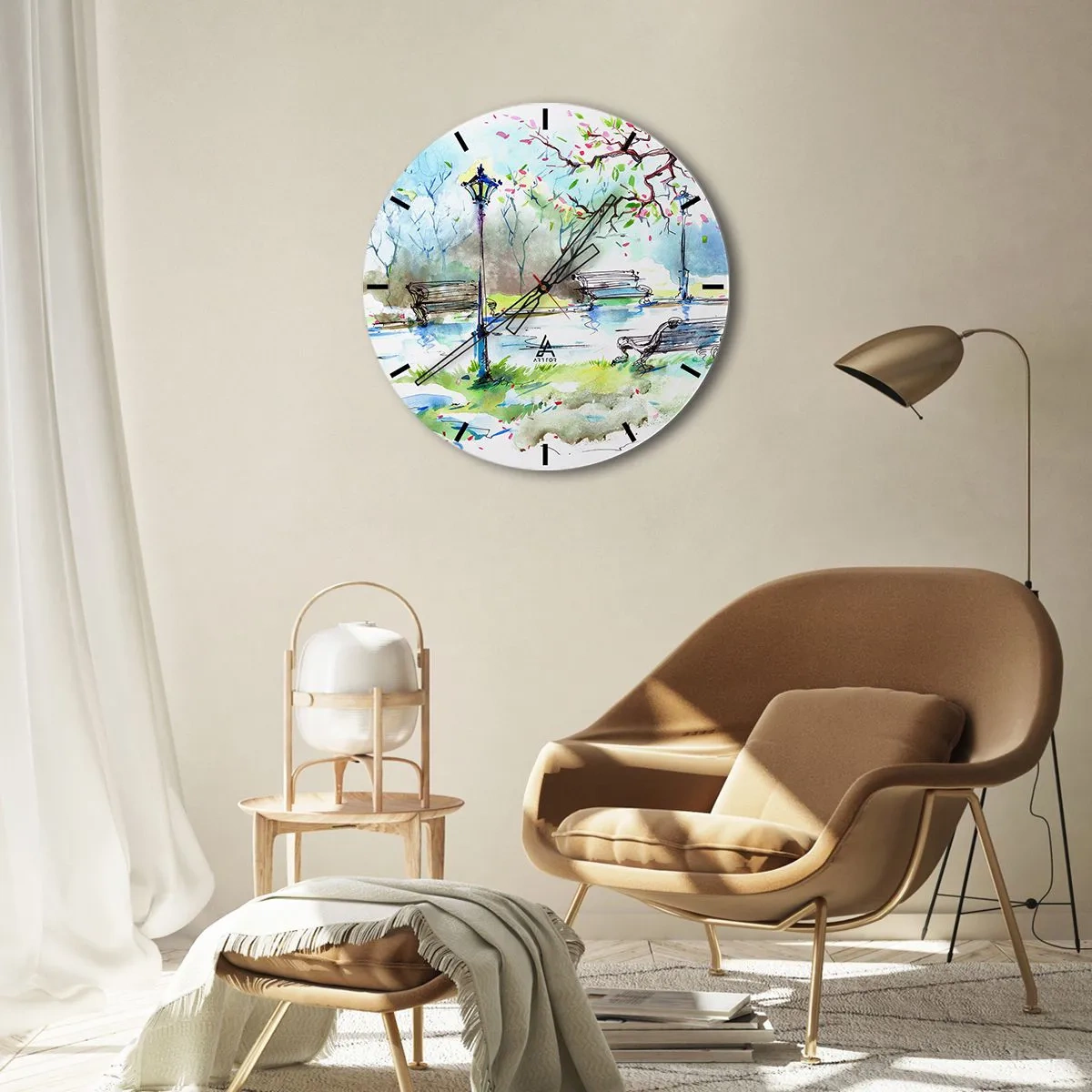 Reloj de pared - Reloj de vidrio - Un parque con bancos, faroles y árboles en flor en estilo acuarela. - 30x30cm - El encanto del silencio del parque - Decoración de pared moderna para salón, cocina y dormitorio ARTTOR
