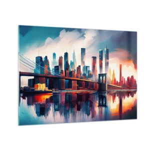 Cuadro sobre vidrio - Impresiones sobre Vidrio - Panorama de la ciudad con un puente contra el cielo colorido y reflejo en el agua. - 70x50cm - Nueva York siempre luce - Decoración de pared moderna para salón y dormitorio ARTTOR