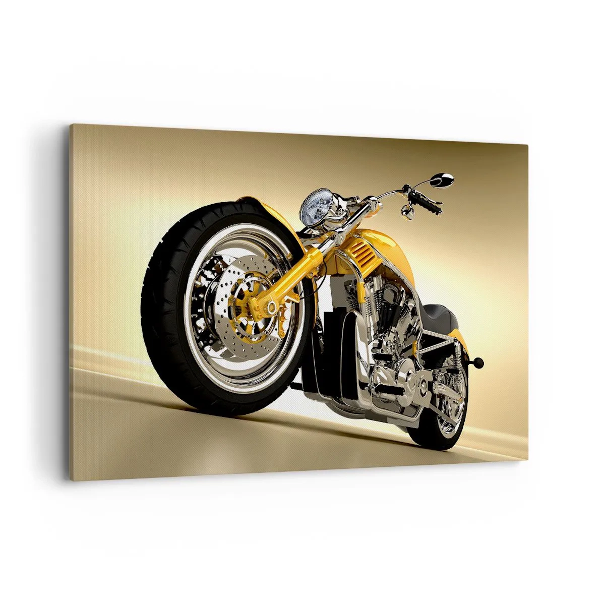 Cuadro sobre lienzo - Impresión de Imagen - Una motocicleta estilo chopper amarilla contra una pared beige - 120x80cm - Un sueño de fuerza y velocidad - Decoración de pared moderna para salón y dormitorio ARTTOR