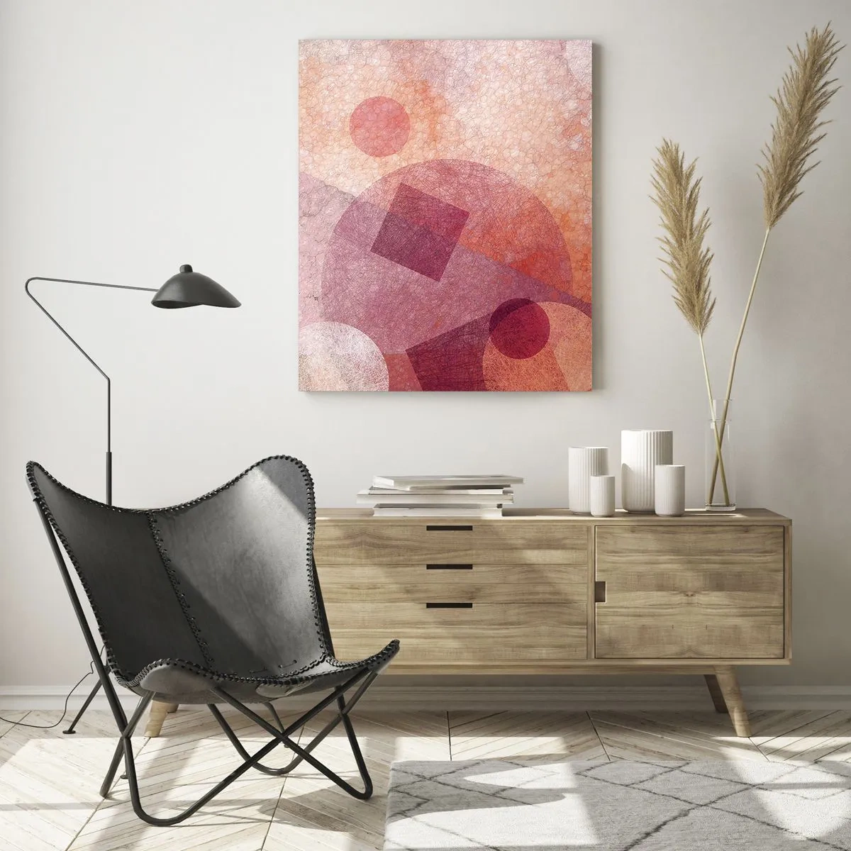 Cuadro sobre vidrio - Impresiones sobre Vidrio - Formas geométricas abstractas en tonos pastel de rosa. - 70x100cm - Transformaciones geométricas en rosa - Decoración de pared moderna para salón y dormitorio ARTTOR
